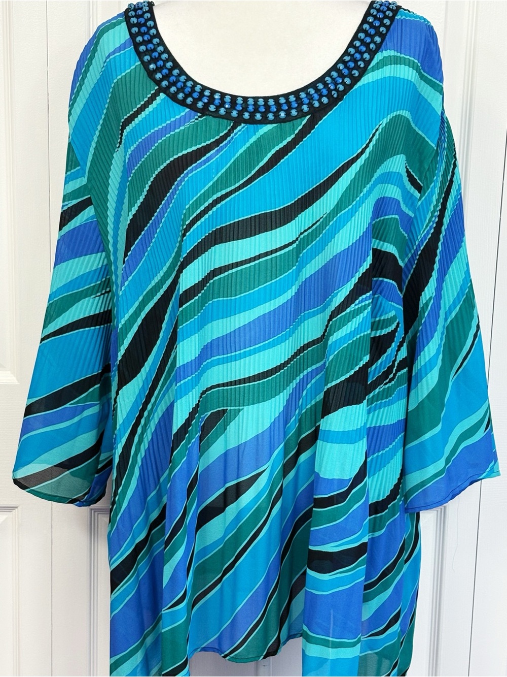 Catherines Sheer Blue & Green Multi Stripe Beaded Neck Pleated Blouse 3X
